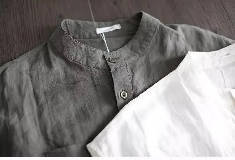 Artistic Style Cotton Linen Short Sleeves Shirt for Women Summer Solid Loose Stand Collar Temperament Top Fashion Women Clothing