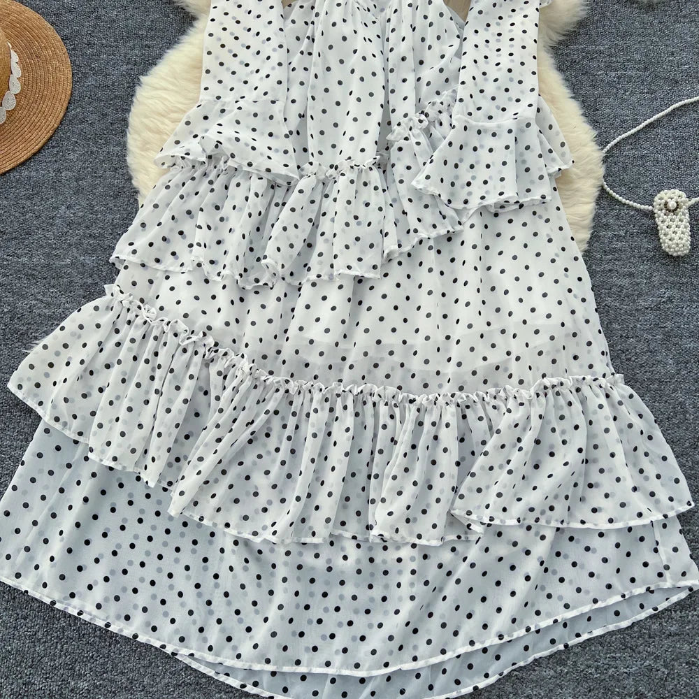 Dot Dress Women Long Dresses Print Chiffon Lace Up Flare Sleeve A Line Vestidos Streetwear Elegant Splice Y2k High Waist Party
