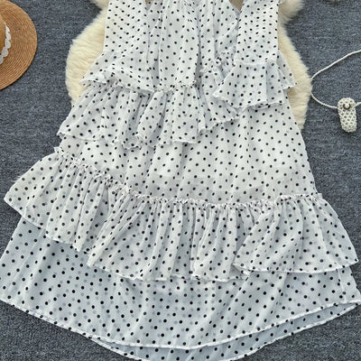 Dot Dress Women Long Dresses Print Chiffon Lace Up Flare Sleeve A Line Vestidos Streetwear Elegant Splice Y2k High Waist Party