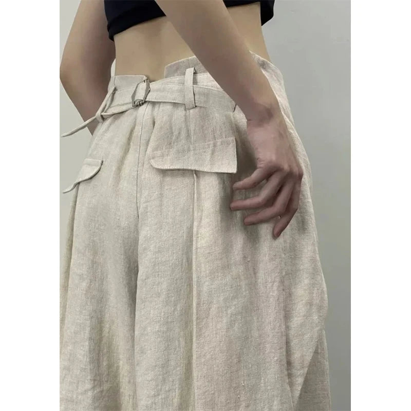 Streetwear Wide Leg Pants Women Fashion Pleated Linen Baggy Pants Summer Korean High Waist Casual Design Straight Trousers New