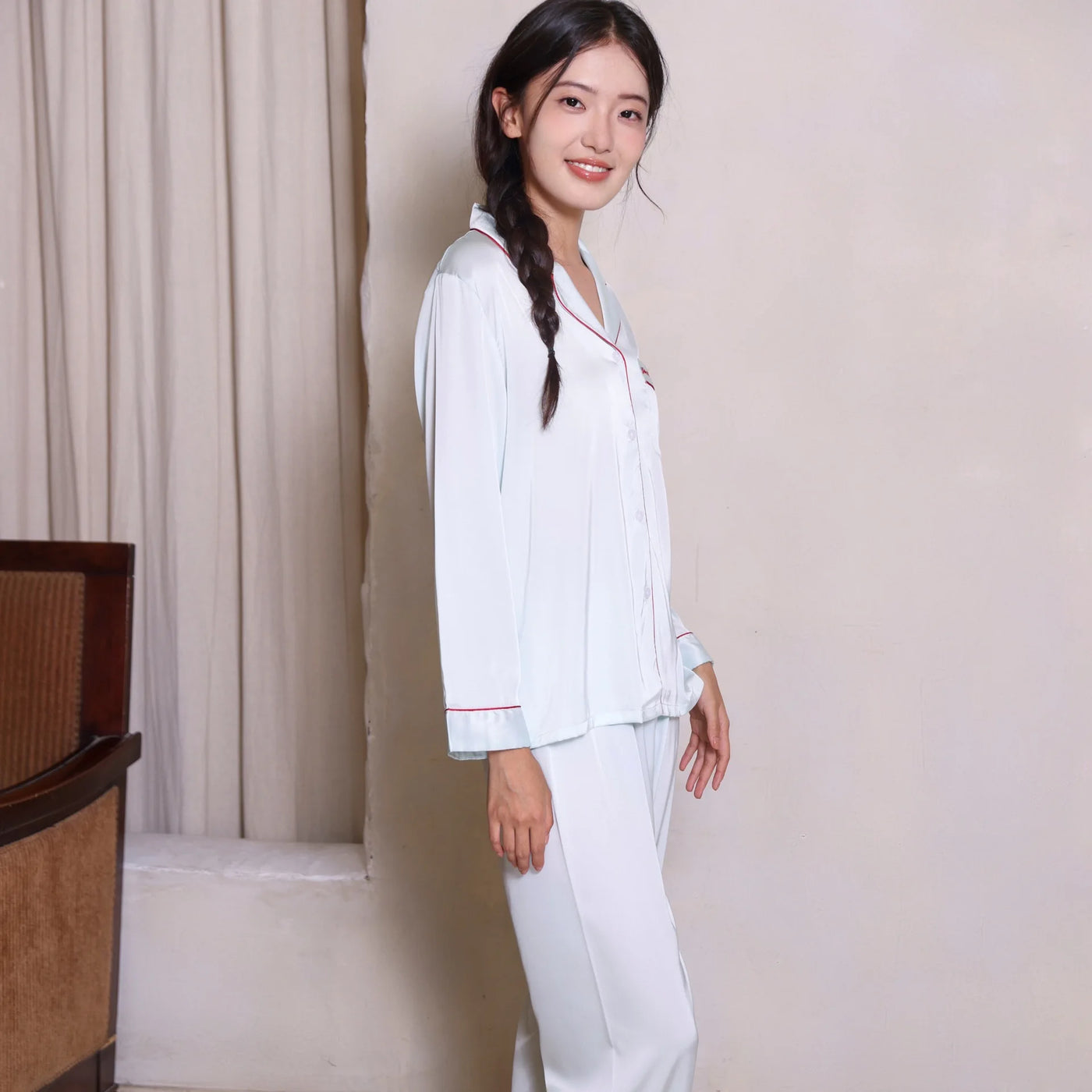 Women Sleepwear Loungewear Loose 2 Pieces Print Sweet Long Sleeve Lapel Neck Shirt Tops Elastic Waist Pants Pajamas Set