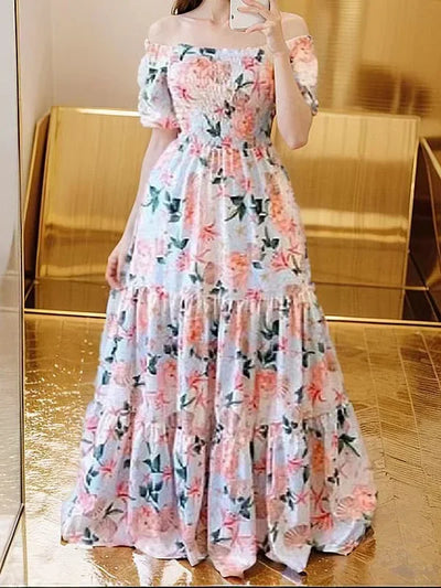 Summer Dresses for Women Print Off Shoulder Broken Flower Open Shoulder Long Dress Streetwear