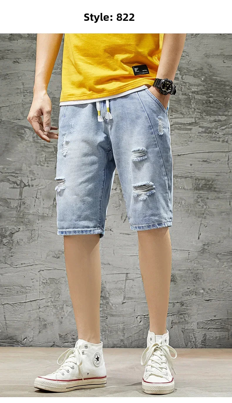 Summer Denim Shorts For Men Trendy Ripped Elastic Waist Loose Fit Casual Jeans 5 Minute Length Middle Pants