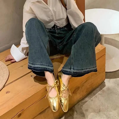 Women Ballet Leather Narrow Band Flat Shoes  Bling Silver,  Gold Footwear
