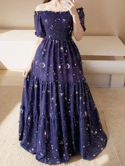 Summer Dresses for Women Print Off Shoulder Broken Flower Open Shoulder Long Dress Streetwear