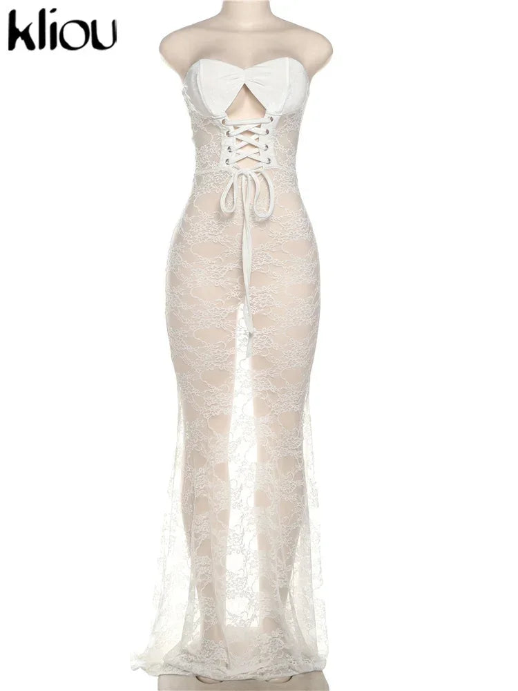 kliou Lace Patchwork Women Maxi Dress Sexy Coquette Drawstring Wrapped Chest Body-shaping Vestidos Female Stunning Clubwear Robe