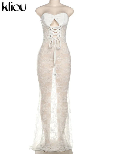 kliou Lace Patchwork Women Maxi Dress Sexy Coquette Drawstring Wrapped Chest Body-shaping Vestidos Female Stunning Clubwear Robe