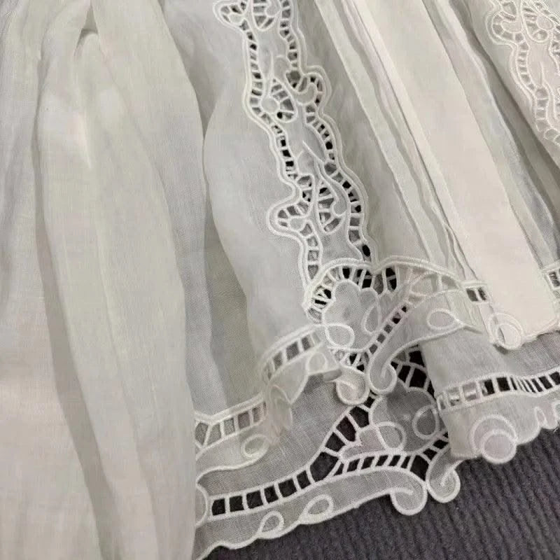 White Pink Tops Women Hollow Out Embroidery
