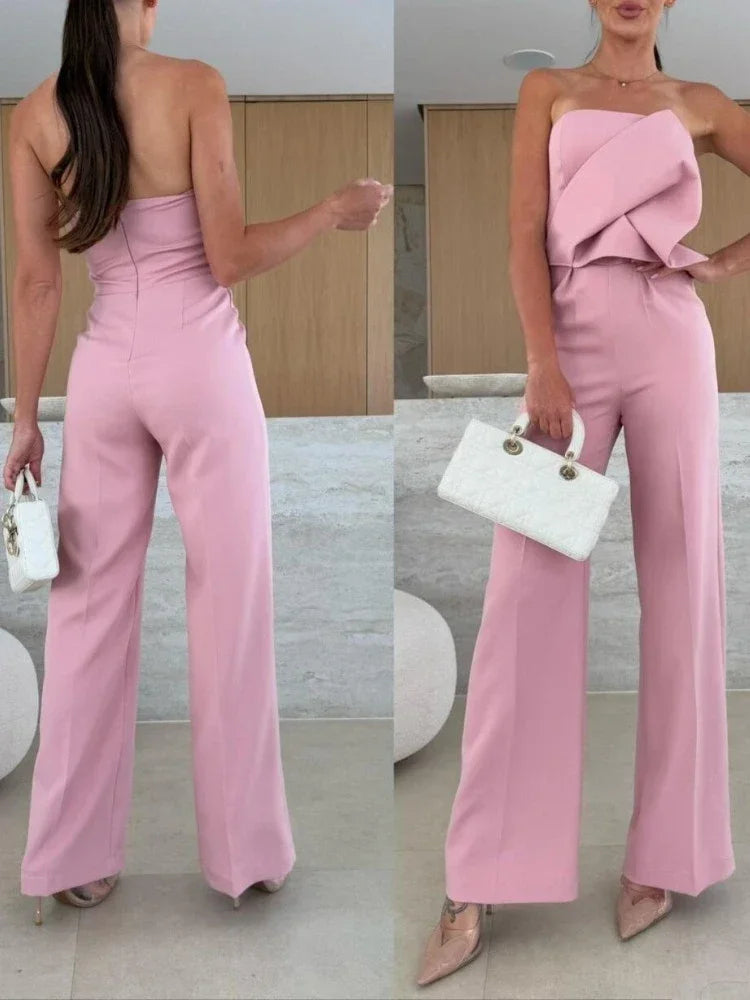 Women's Jumpsuits 2025 New in Summer Fashion Casual Office Lady Solid Color Tight Low Back High-waisted Wide-leg Jumpsuit