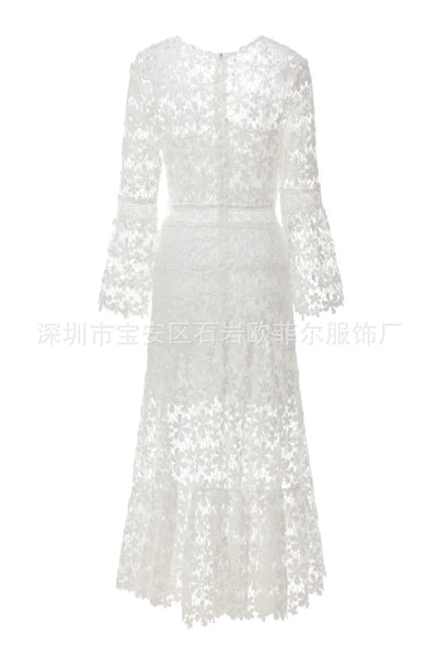 Summer Dress for Women See Through Hollow Out Sexy Long Dresses Long Sleeve V-Neck Lace Dress Loose Bohemian Loose Beach Smock