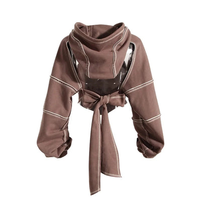 Women Hooded Sweatshirt Color Clashing Bright Line Short Top Ladies Fashion Layering Hoodie Long Sleeved tops New