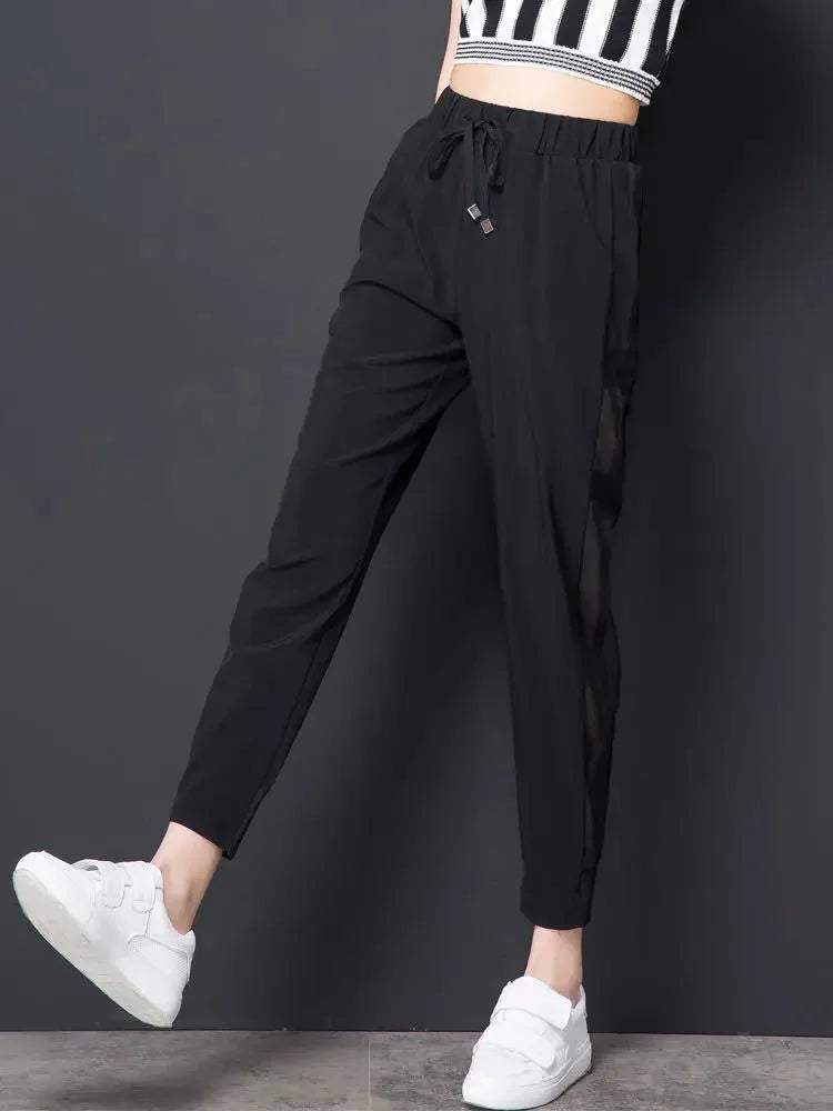 Ice Silk Summer Sweat Home Sports Pants for Women Joggers Jogging Black Cropped Trousers Harem Sarouel Sweatpants Ripped Fashion