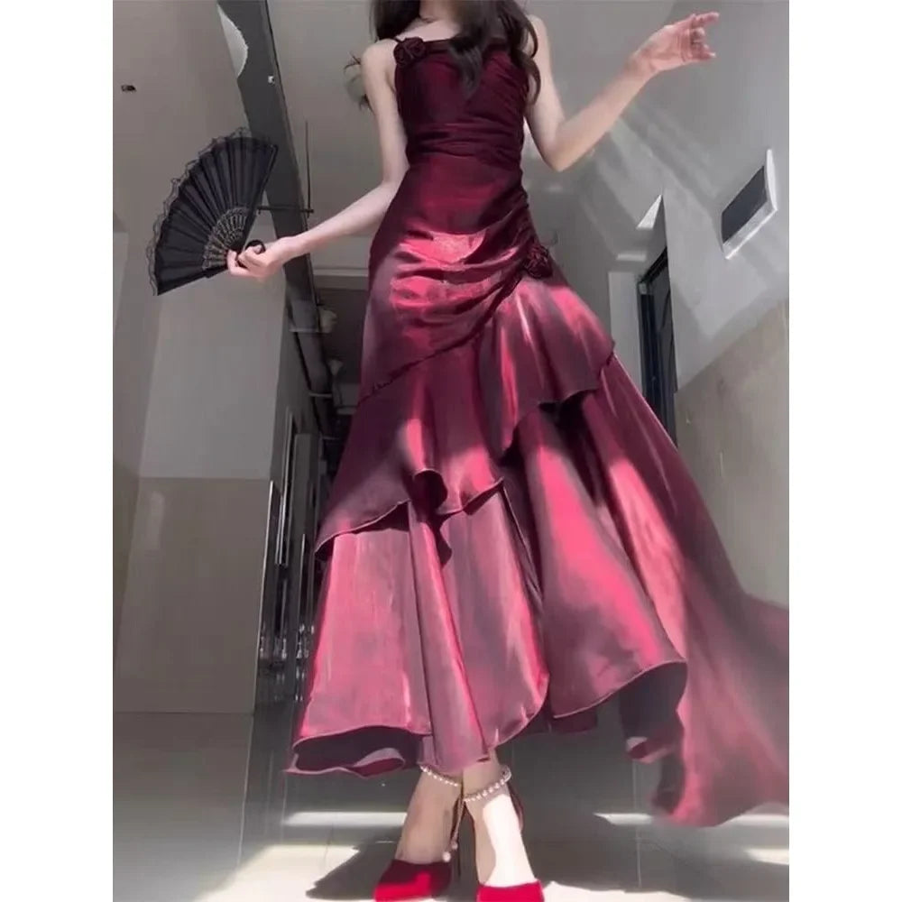 French Vintage Dress Women Lace Retro Elegant Evening Party Dress Female Sleeveless Chic Midi Dress 2025 Fashion Summer New
