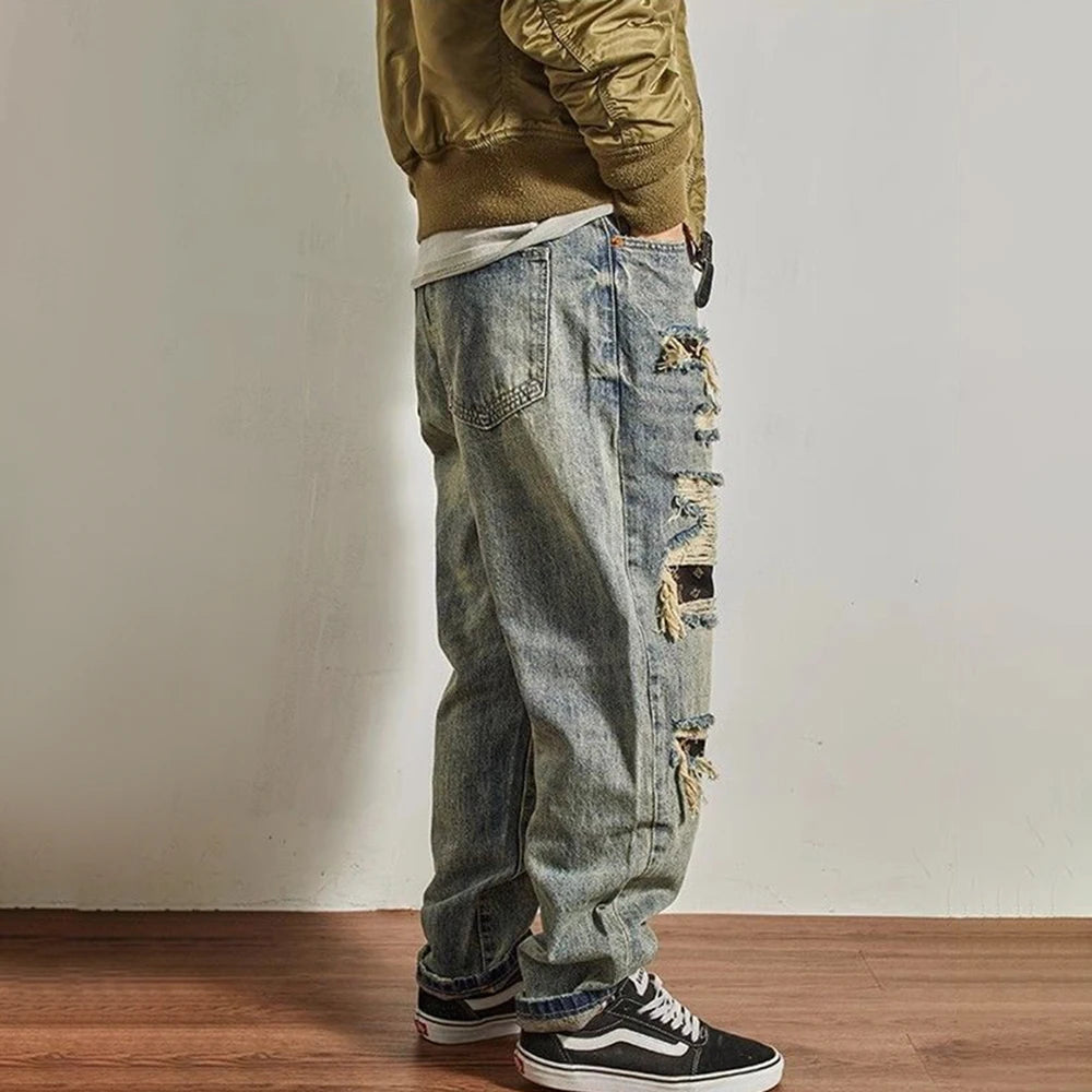 Mens Jeans Ripped Casual Pants Autumn Fashion Retro Streetwear Youth Campus Trend Wide Leg Straight Pants Men'S Clothing 2024