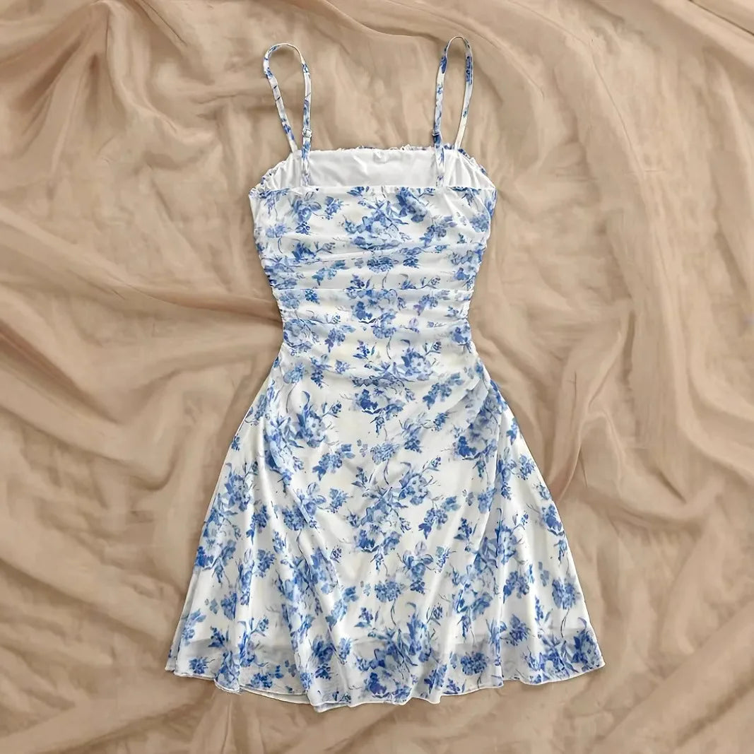 Women's Summer Elegant Floral Mini Dresses Fashion Fold High Waist Slim A-Line Dress Lady Sexy Backless Spaghetti Strap Sundress