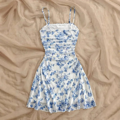 Women's Summer Elegant Floral Mini Dresses Fashion Fold High Waist Slim A-Line Dress Lady Sexy Backless Spaghetti Strap Sundress