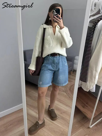 Women Denim Shorts Ripped Wide Leg Black High Waist Short Jeans Straight Leg Blue Denim Shorts For Women Summer Jean Shorts