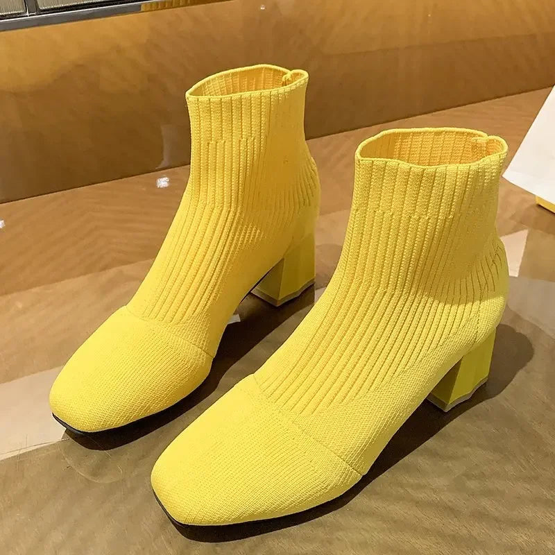 Stretch  Sock Boots For Women Shoes Square Heel Yellow Knitting shoes Elastic Cottton Boots Lady Footwear