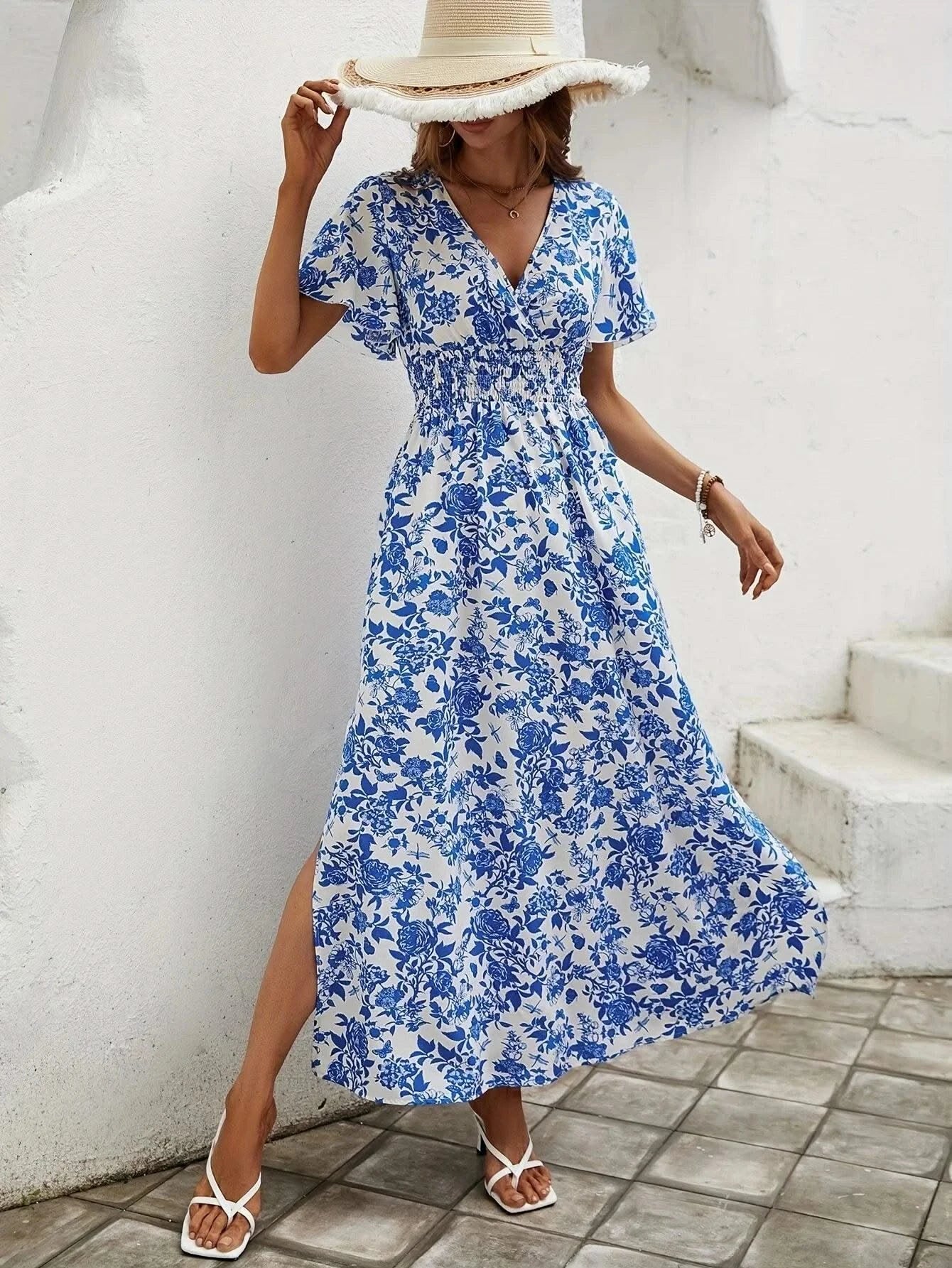 Summer Women Floral Print Dress Casual Short Sleeve Button Holiday Midi Dresses Female V-Neck Beach Boho Chic Dress Elegant Robe