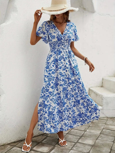 Summer Women Floral Print Dress Casual Short Sleeve Button Holiday Midi Dresses Female V-Neck Beach Boho Chic Dress Elegant Robe
