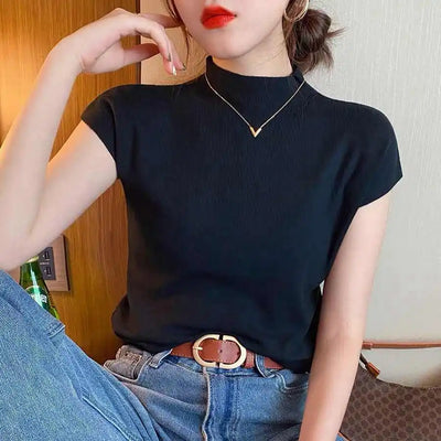 Crew Neck Fashion Women T Shirt Street Casual Knitted T-Shirt Solid Top Tees Sexy Slim Summer Short Sleeve Women's Clothing