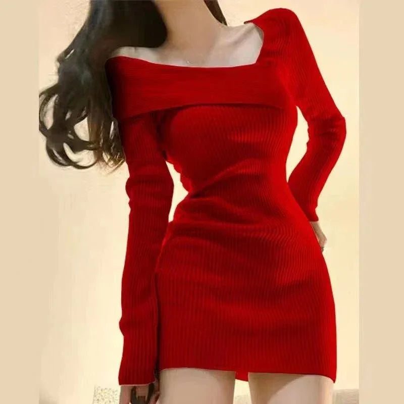 Knitted Dress Women Autumn Winter Long Sleeved Sexy Off Shoulder Stretch Sweater Solid Elegant Skinny Chic Korean Lady Dress