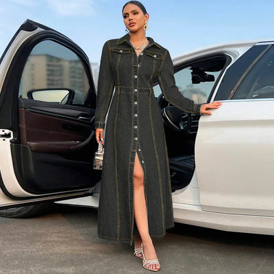 Denim Dress Women Long Dresses Spring Turn Down Collar Elegant Work Splice Vestidos Single Breasted A Line Y2k Tops Streetwear