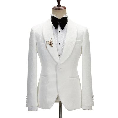 2025 Men's Suit for Wedding Ivory Jacquard Shawl Lapel White Jacket Black Pants with Satin Side Stripe Jacket Tuxedo Slim Fit - Elanique