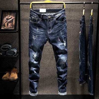 2025 New Ripped Jeans Men Slim-fit Denim Pants Cotton Korean Style Fashion Elasticity Versatile Blue Black Men's Clothing - Elanique