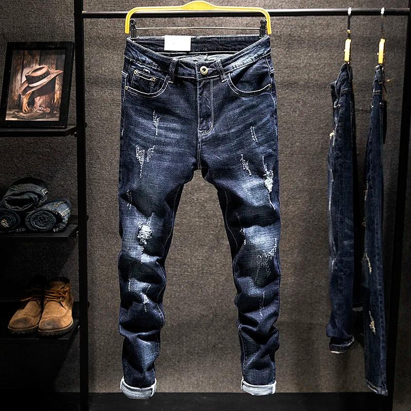 2025 New Ripped Jeans Men Slim-fit Denim Pants Cotton Korean Style Fashion Elasticity Versatile Blue Black Men's Clothing - Elanique