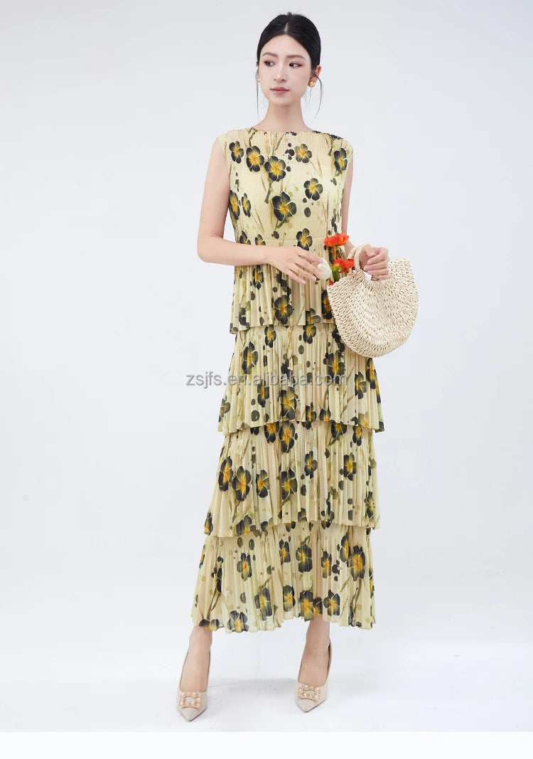 Women Dresses For Summer 2025 Miyake Pleated Dress Summer Fashion Holiday Style Printed Stretch Cake Dress