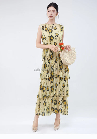 Women Dresses For Summer 2025 Miyake Pleated Dress Summer Fashion Holiday Style Printed Stretch Cake Dress