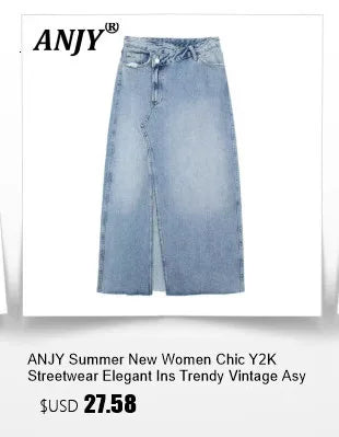 ANJY Autumn New Women Chic Two-Piece Set Studded Diamonds Streetwear Denim Shirt Drawstring Straight Elegant Casual Pants  A9654