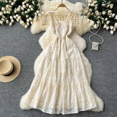 French Vintage Hollow Out Embroidery Butterfly Bow Bandage Slip Dress A-line Chic Casual Beach Vacation Women Summer Dresses