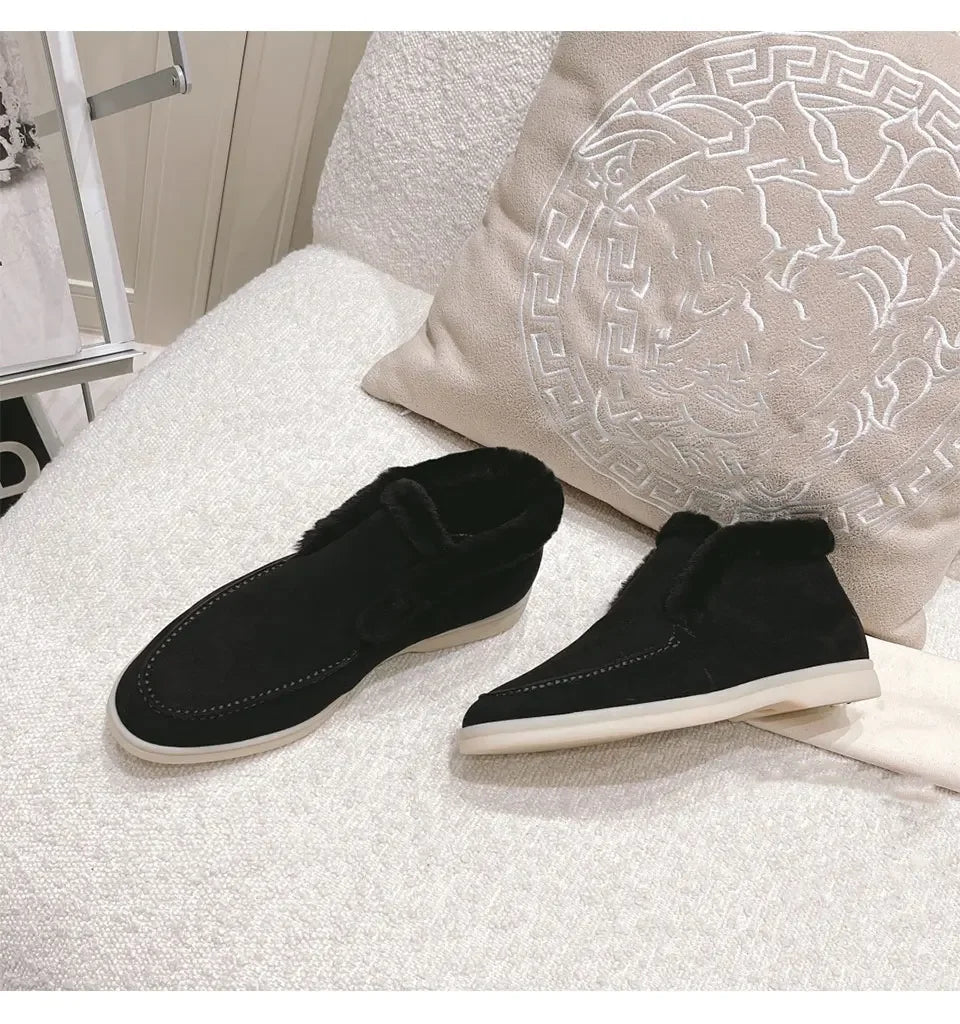 Fur Ankle Boots Women's Cow Suede Loafers High Quality 2025 Winter Flat Shoes Fur Integrated Warm Snow Boots