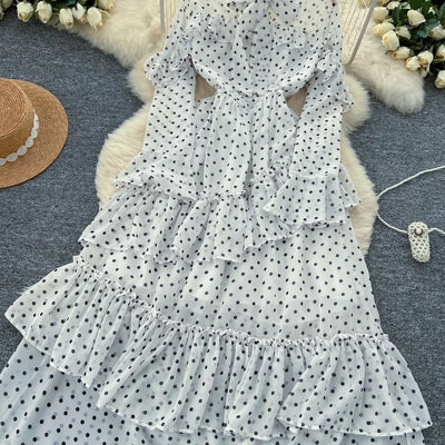 Dot Dress Women Long Dresses Print Chiffon Lace Up Flare Sleeve A Line Vestidos Streetwear Elegant Splice Y2k High Waist Party