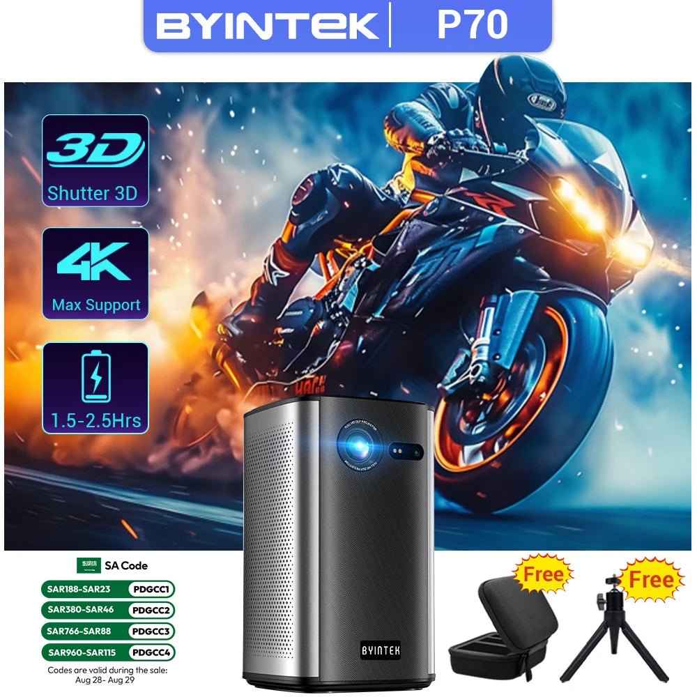 BYINTEK P70 Projector 4K 1080P DLP Mini Portable Projector Home Theater Smart Wi-Fi & Bluetooth for Movies & Gaming With Battery