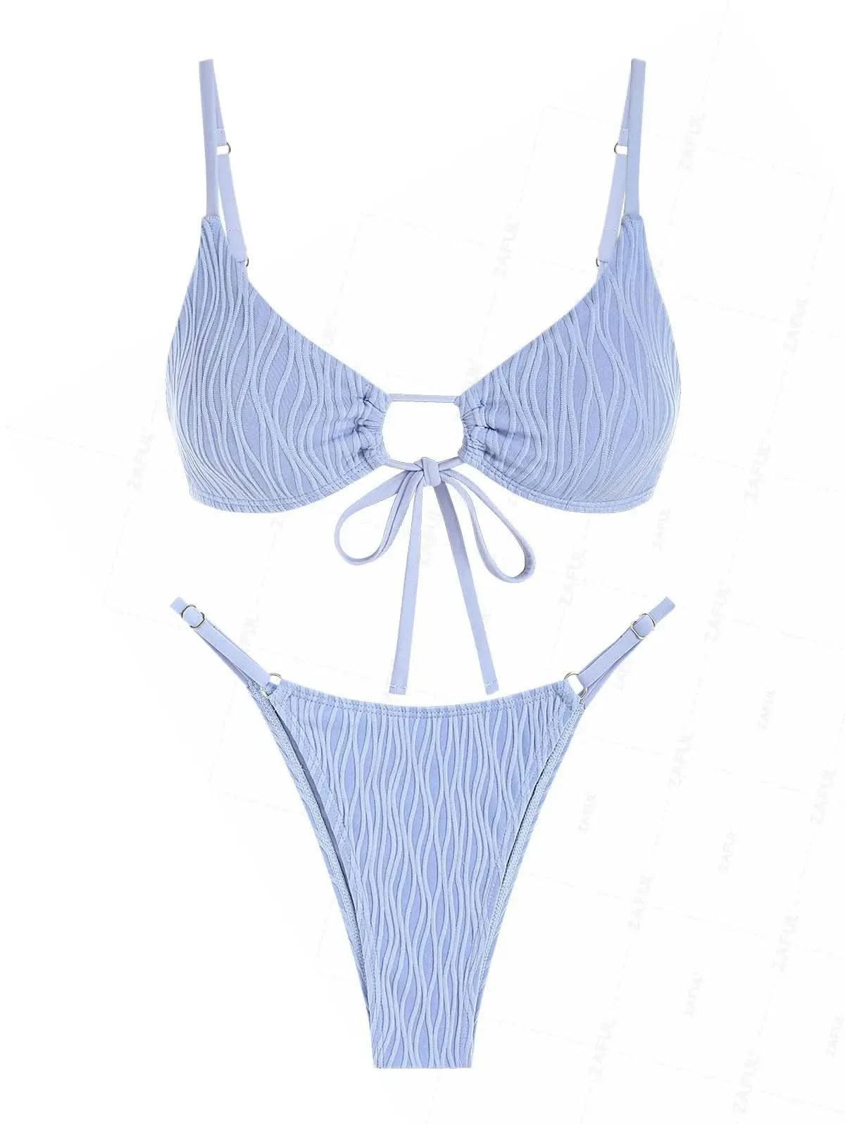 ZAFUL Women's Textured Drawstring Tie Spaghetti Strap Solid Color Tanga String Bikini Set Matching Two Piece Swimwear