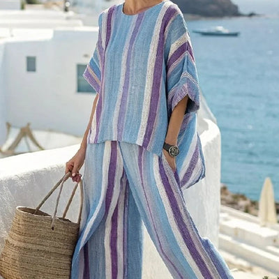 Women Summer Loungewear Suits Printing Loose Wide Leg Pants 2PCS Matching Set Half Sleeve O-Neck Pullover Top Outfit Streetwear