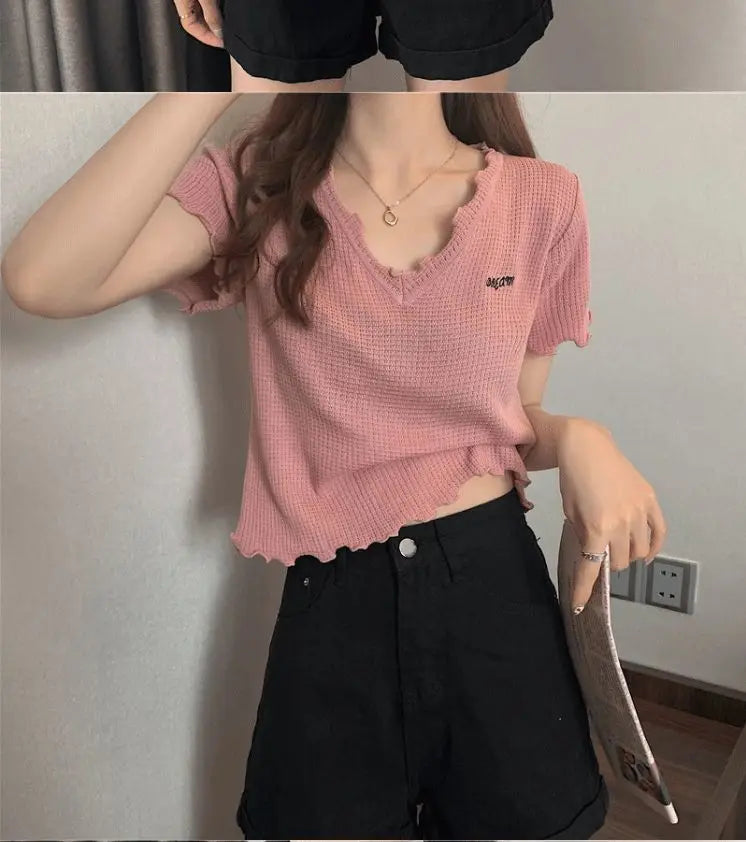 Oversized Summer Short Sleeve T-shirt Women's Foreign Style Versatile Slim Knitted Top Underlay