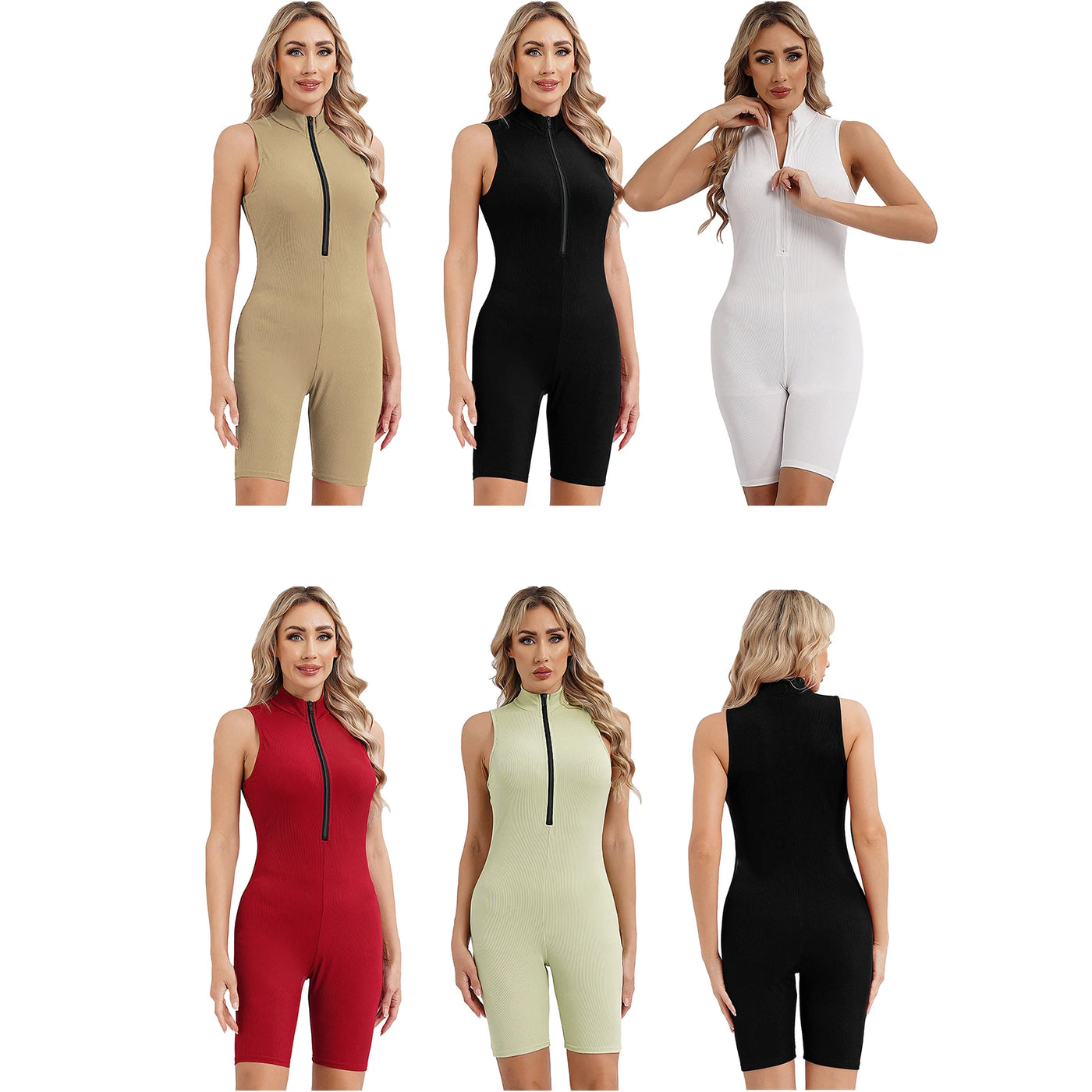 Womens Athletic Tank Bodysuit Sleeveless Front Half Zip Shorts Jumpsuit Leotard Gym Yoga Workout Cycling Sportswear Swimsuit