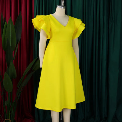 Elegant Party Dresses for Women V Neck Ruffles Sleeve High Waisted A Line Mid Calf Luxury Birthday Dinner Vestidos Mujer Dress