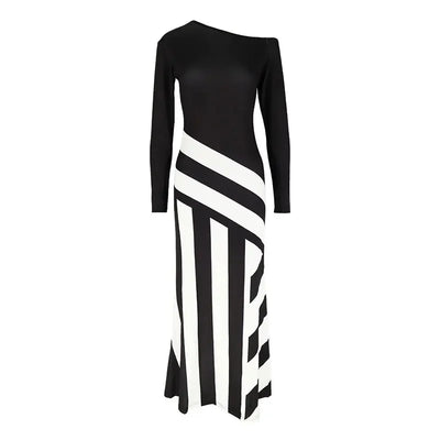 New Women Maxi Dresses Autumn Streetwear Fashion Black White Patchwork Casual Slim Dresses Elegant Female Knitted Dress Clothing