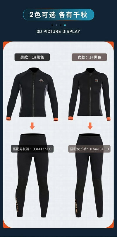 Wetsuit 3MM Neoprene Men Long Sleeve Split Wetsuit Warm Jacket Pants Plus Size Women Swimsuit Scuba Diving Snorkeling Surf Suit