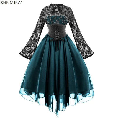 Renaissance Court Gown Victorian Medieval Costume Women Halloween Cosplay Full Sleeve Lace Dress Birthday Party Princess Suit