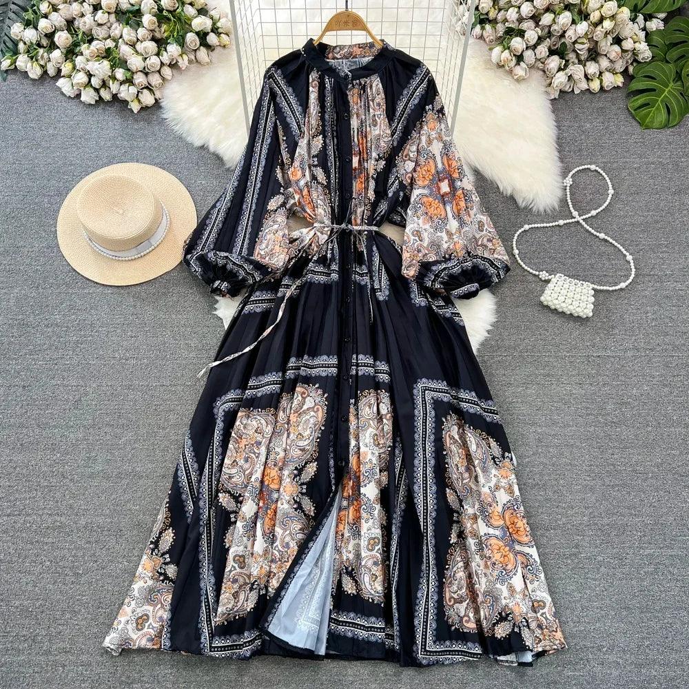 Retro Elegant Sashes O Neck Single Breasted Print Dresses Long Lantern Sleeves A-line Casual High Waist Women Autumn Clothing