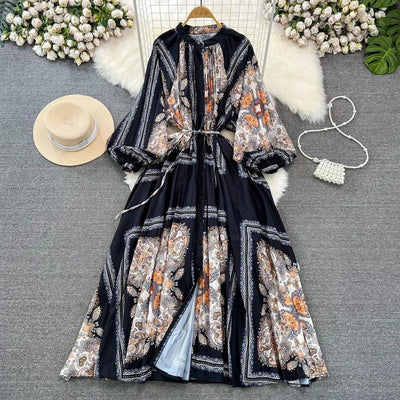 Retro Elegant Sashes O Neck Single Breasted Print Dresses Long Lantern Sleeves A-line Casual High Waist Women Autumn Clothing