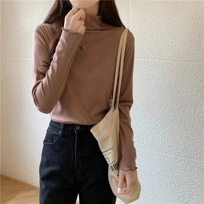 Skinny High Elastic Mock Neck Pullover Long Sleeve T-shirts For Women