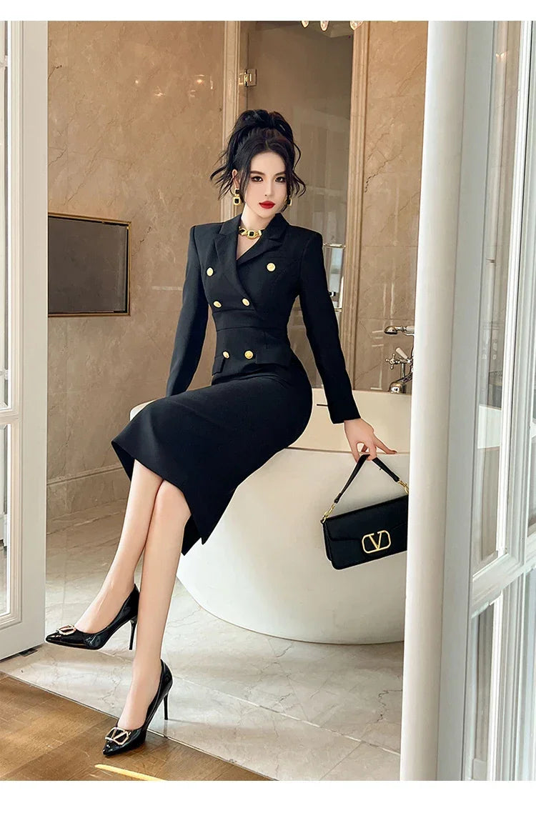 Fashion Elegant Midi Dress Women's Professional Business Style Long Sleeve Double Breasted Slit Robe Office Lady Work Vestidos
