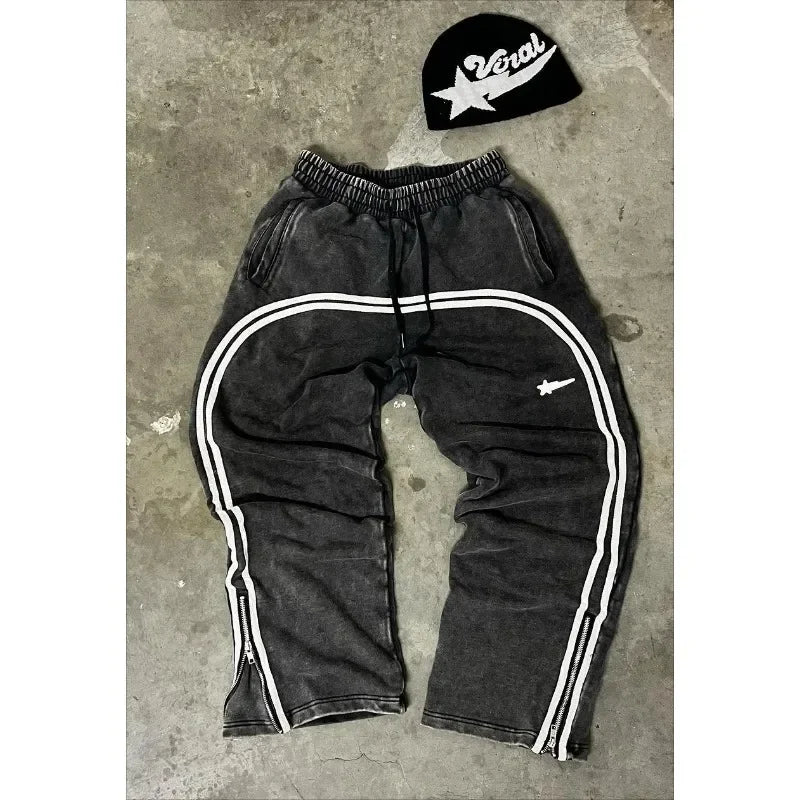 Y2K Cargo Pants Harajuku Double Stripes Zipper Embroidered Waist Retro Streetwear High waisted Wide Leg Pants Men Women Trousers